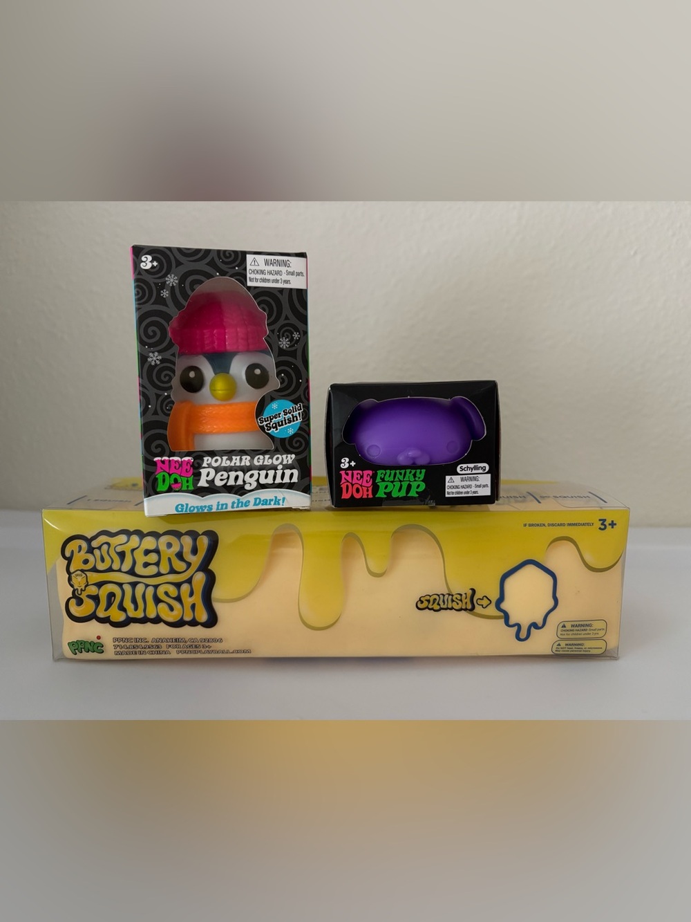 NeeDoh Polar Glow Penguin & Funky Pup & PPNC Unsalted Butter Squish